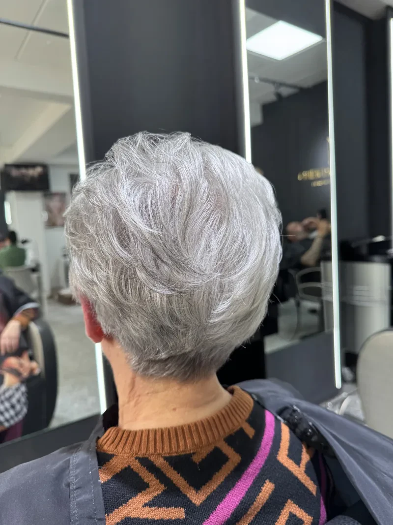 Corte curto em cabelo prateado